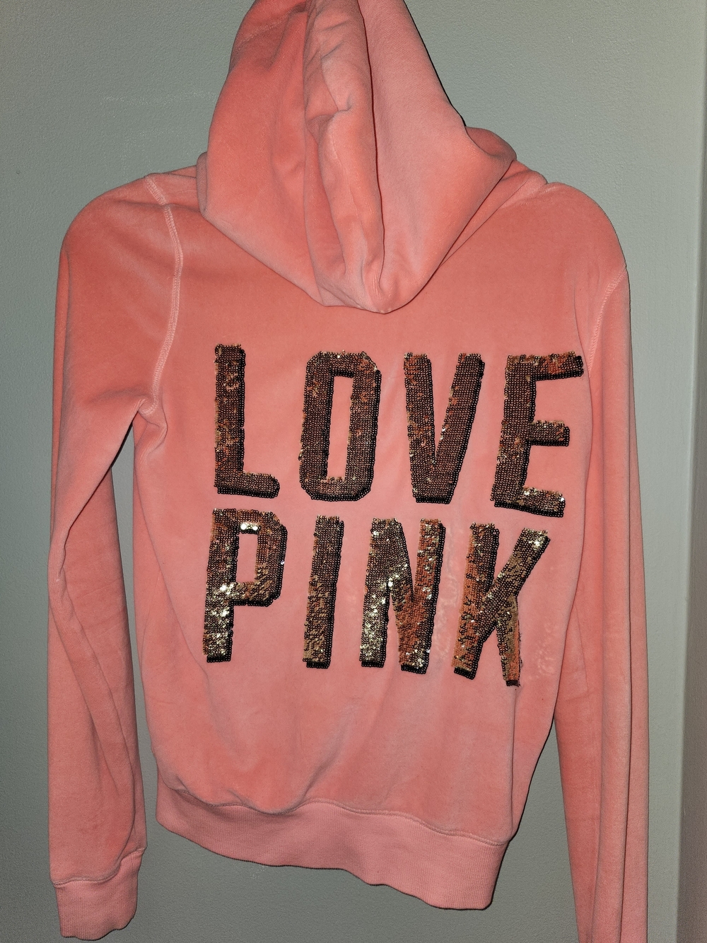 Y2K Victoria’s Secret PINK Velvet Velour Sequin Bling Zip Up Hoodie Coral XS